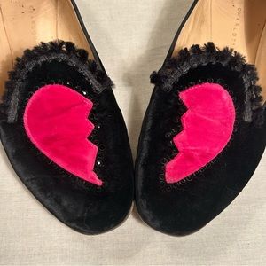 Charlotte Olympia Black Velvet w/ Pink Broken Heart Patches Flats (7)